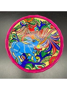 Mexican Talavera Hand Painted Terracotta Footed Bowl Rabbit Pheasant Folk Art